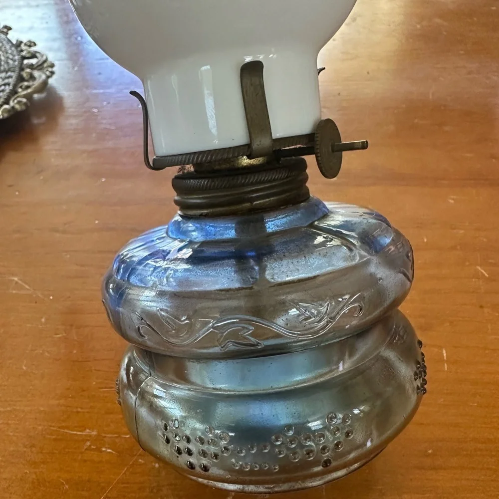 Vintage Three Star brand Glass Oil Lamp with White and Blue Accents